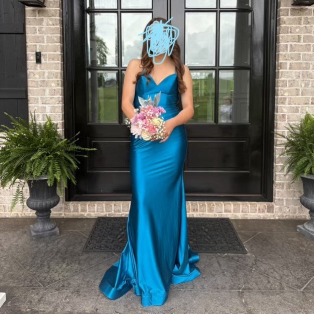 Faviana teal prom dress